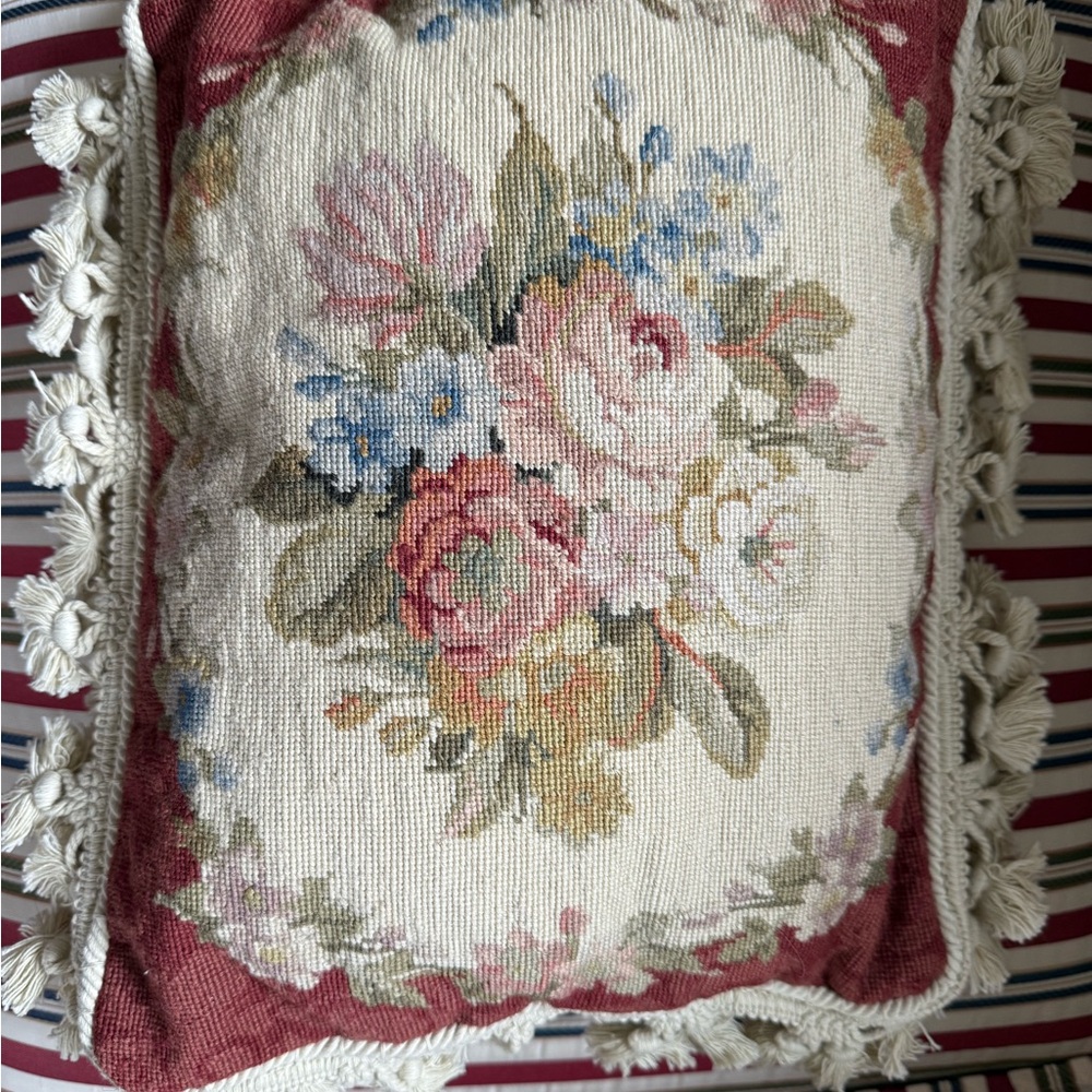 Floral Petit Point Needlepoint Pillow with Fringe